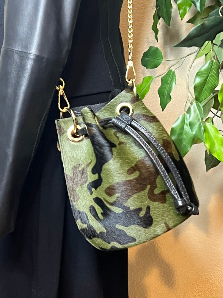 Catch-All Leather Convertible Mini Bucket Bag - Camo/Black