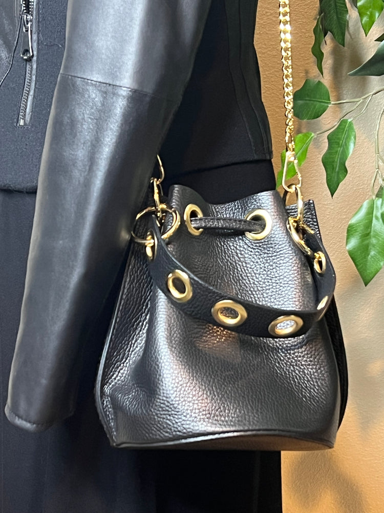 Catch-All Leather Convertible Mini Bucket Bag - Camo/Black