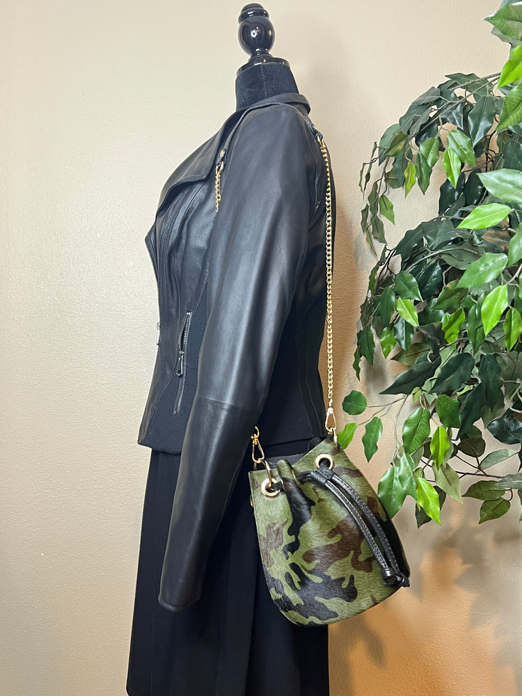 Catch-All Leather Convertible Mini Bucket Bag - Camo/Black