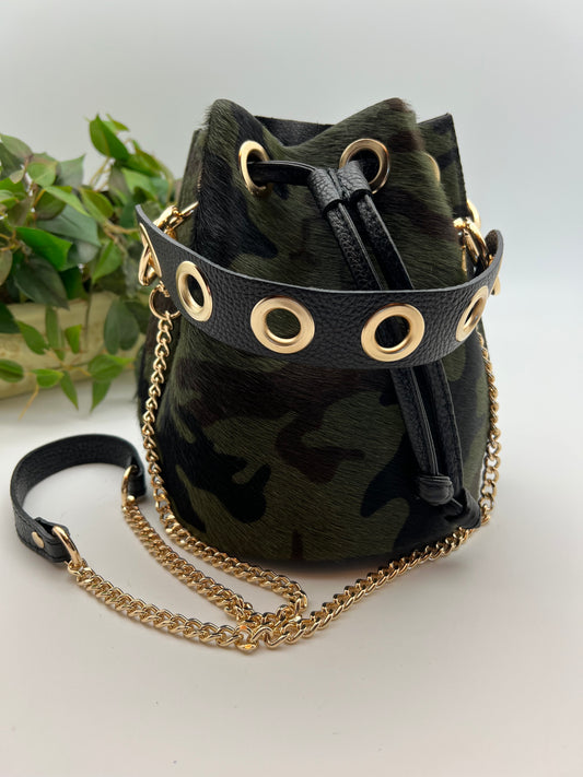 Catch-All Leather Convertible Mini Bucket Bag - Camo/Black