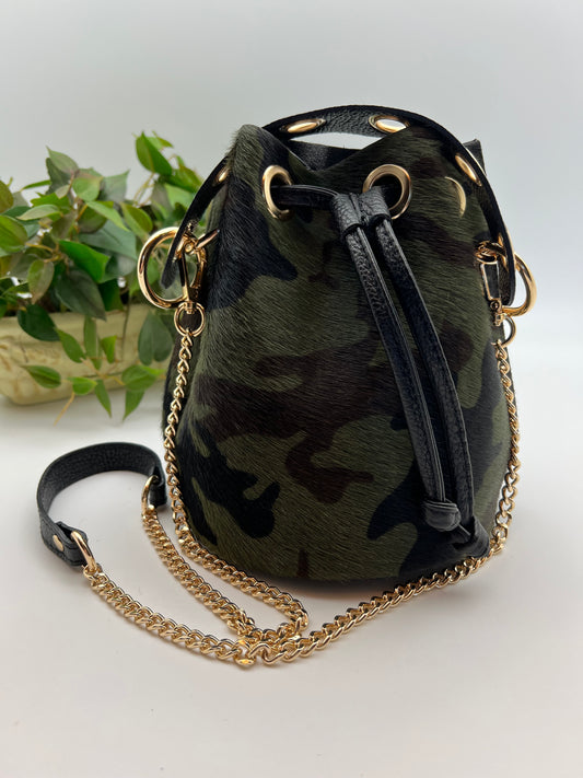 Catch-All Leather Convertible Mini Bucket Bag - Camo/Black