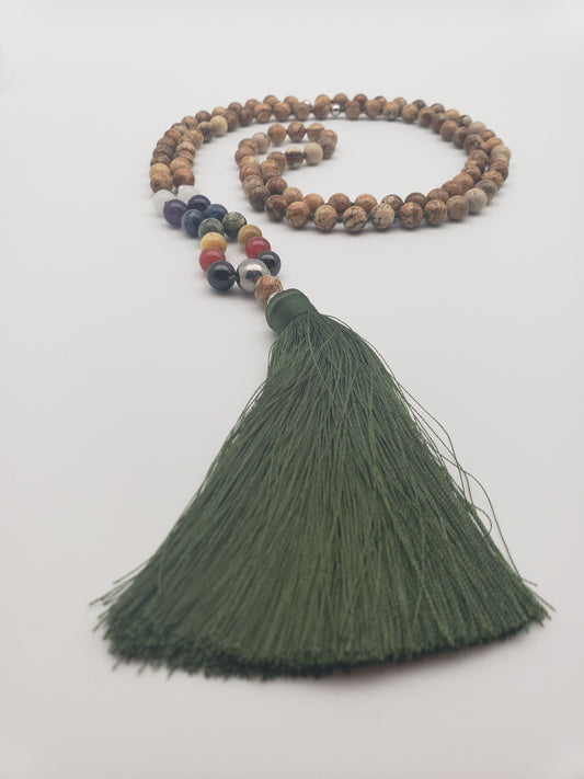 Good Vibrations Zen Mala Necklace - Steel/Brown/Green