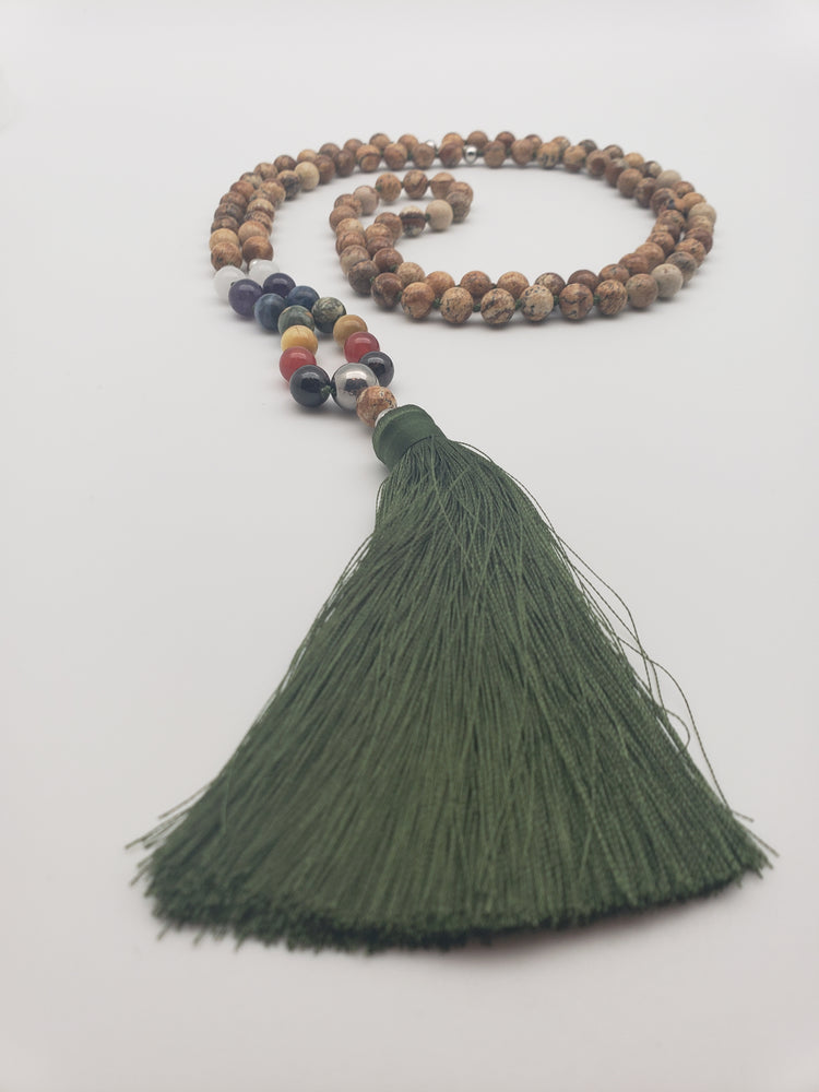 Good Vibrations Zen Mala Necklace - Steel/Brown/Green