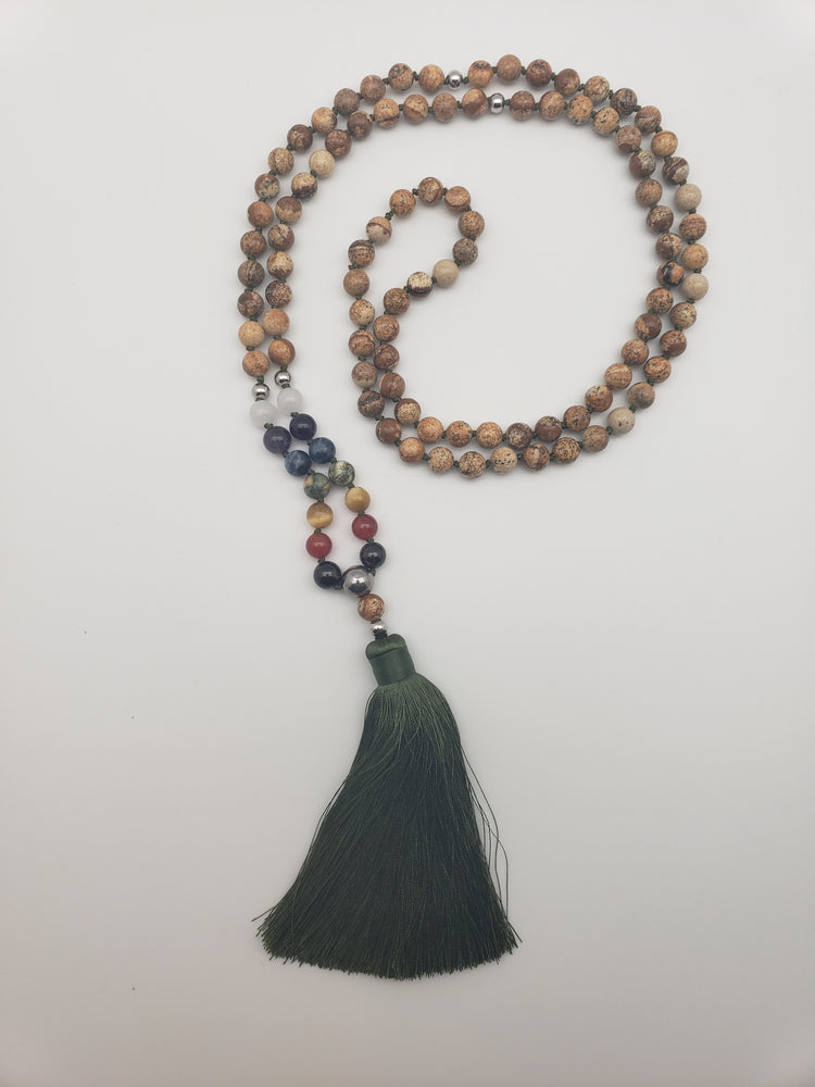 Good Vibrations Zen Mala Necklace - Steel/Brown/Green