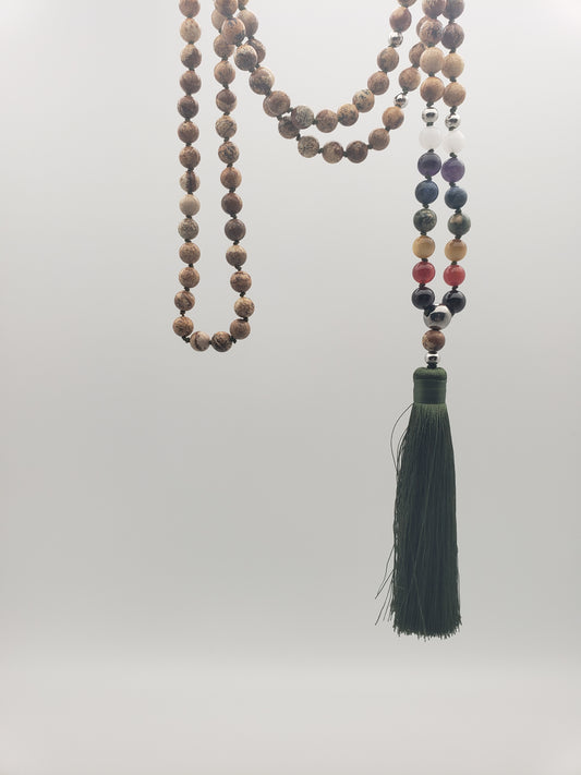 Good Vibrations Zen Mala Necklace - Steel/Brown/Green