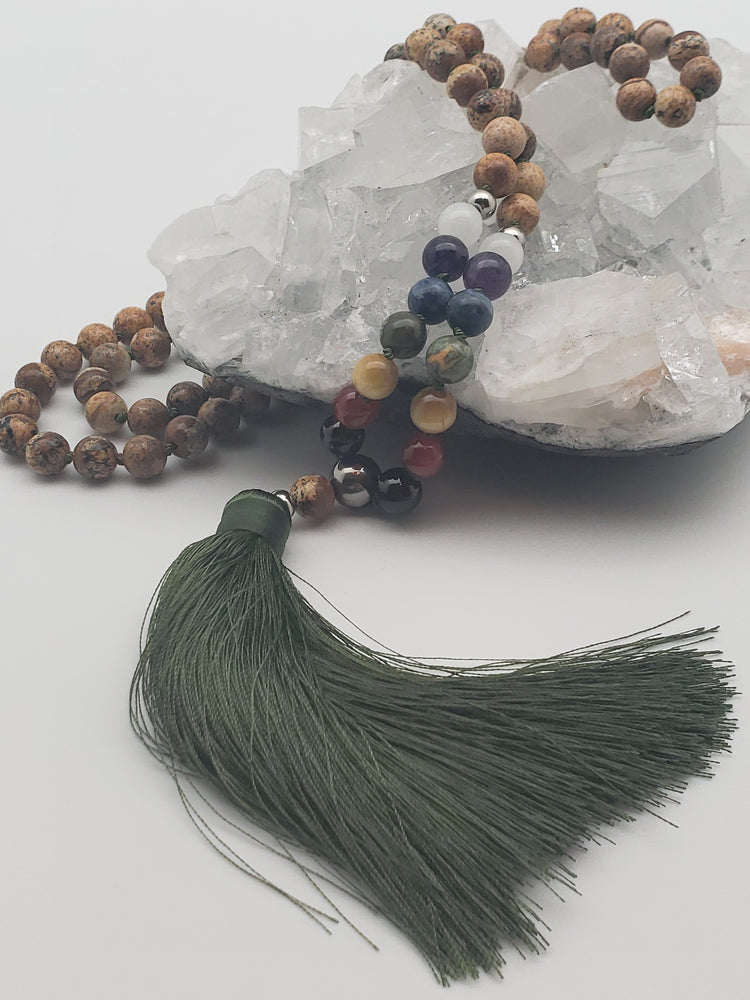 Good Vibrations Zen Mala Necklace - Steel/Brown/Green